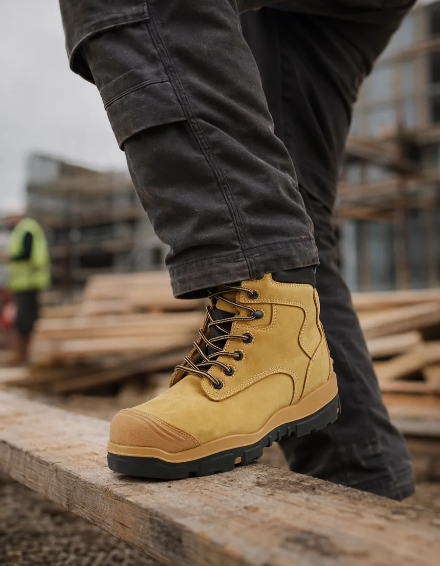 Dezelfde werkschoen gedragen door een bouwvakker op een houten plank